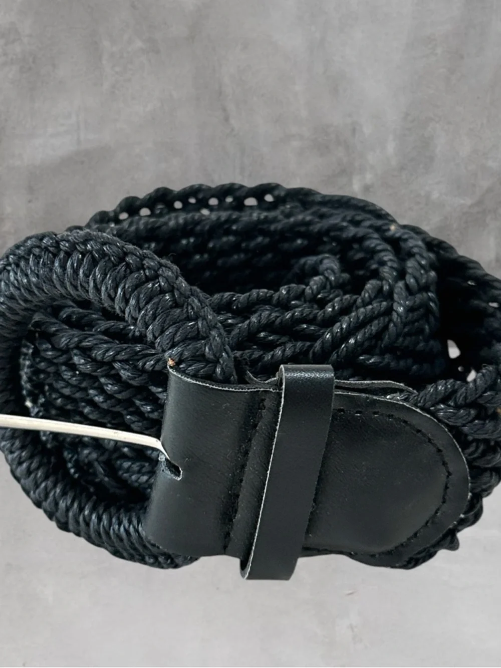 BLACK CROCHET WOVEN LEATHER JUTE BELT WIDE M/L